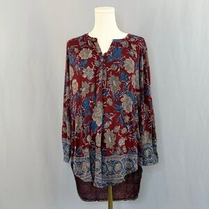 Lucky Brand Floral Tunic - Burgundy and Blue Boho Inspired